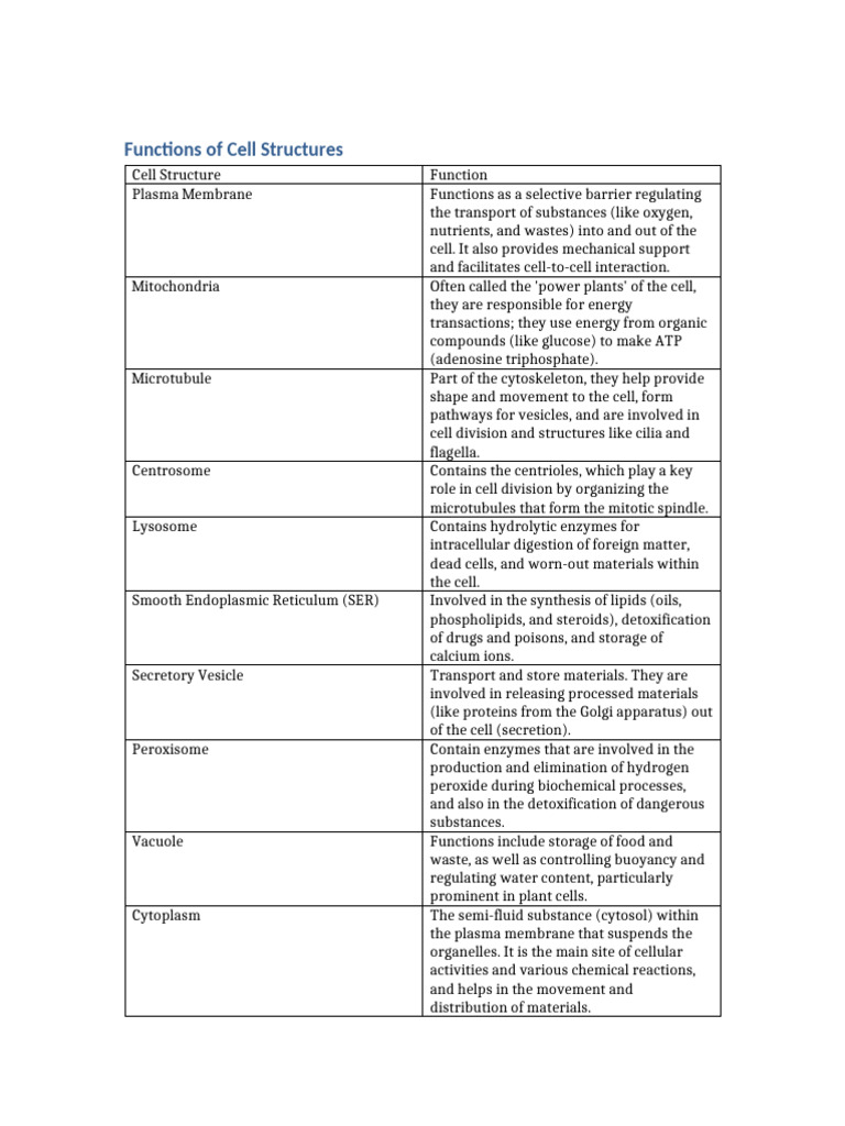 Functions of Cell Structures Explained | PDF | Cell (Biology ...