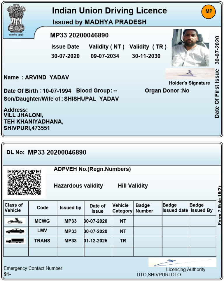 Indian Driving Licence Details for Arvind Yadav | PDF