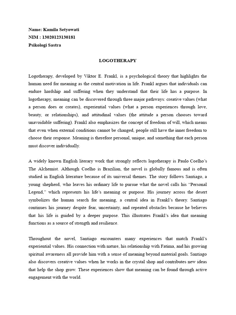 Logotherapy in The Alchemist Explained | PDF | Psychology | Behavioural ...