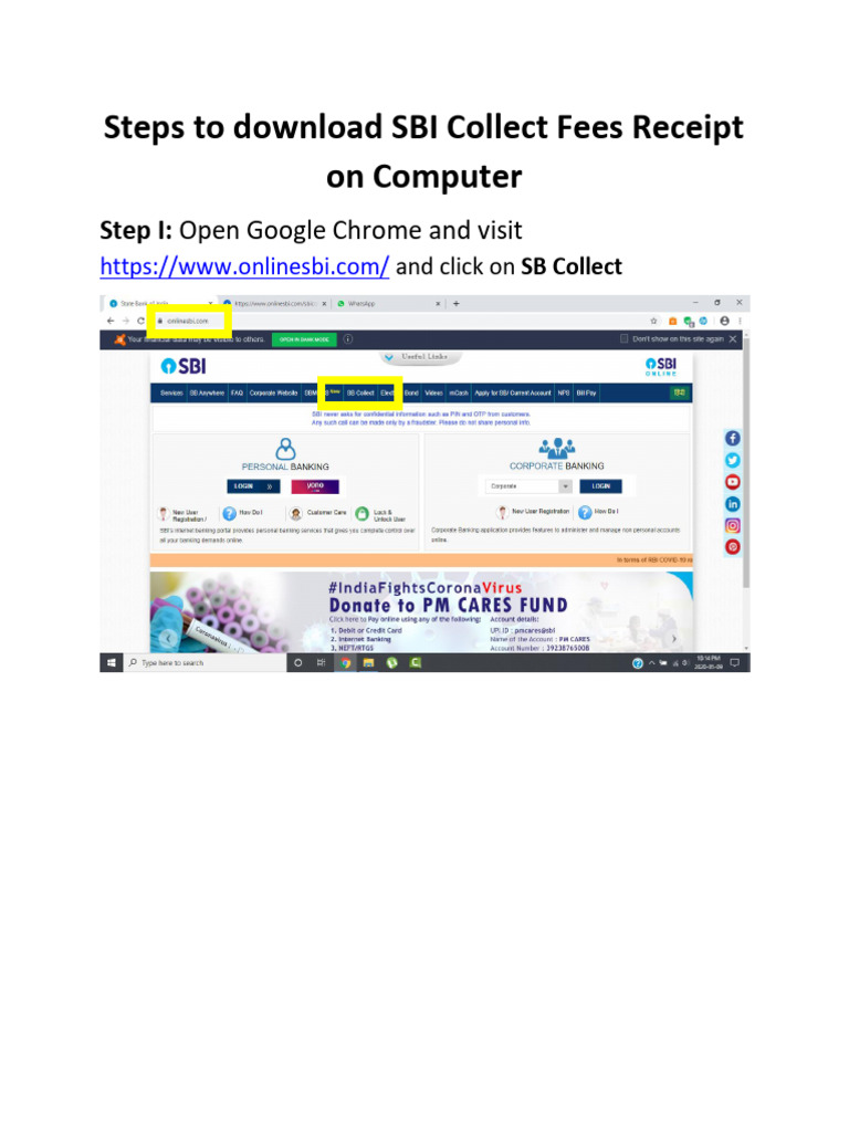 Steps to Download SBI Collect Fees Receipt on Computer | PDF
