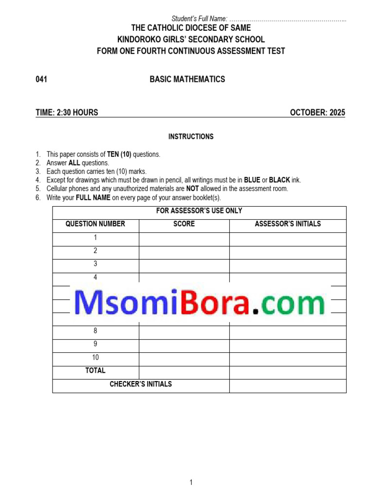 Form One Basic Mathematics Test 2025 | PDF | Numbers | Mathematics