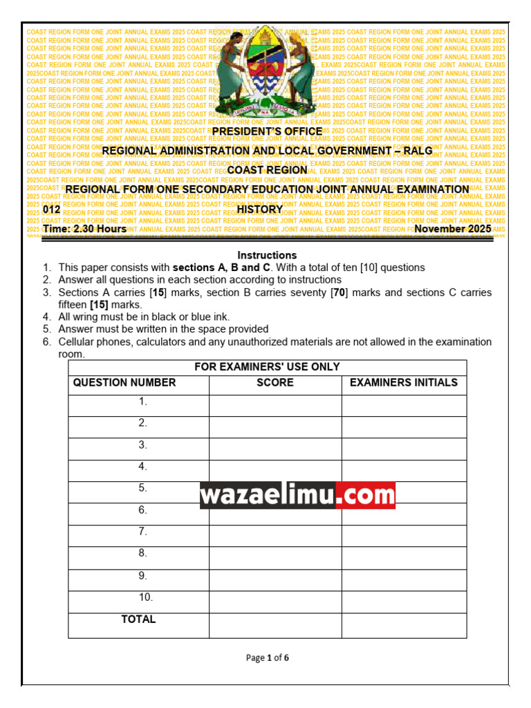 Coast Region Form One Exams 2025 | PDF