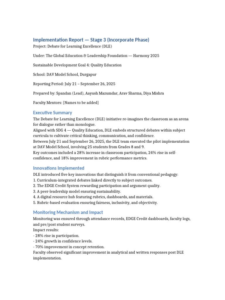 DLE Stage 3 Implementation Report | PDF | Learning | Human Communication