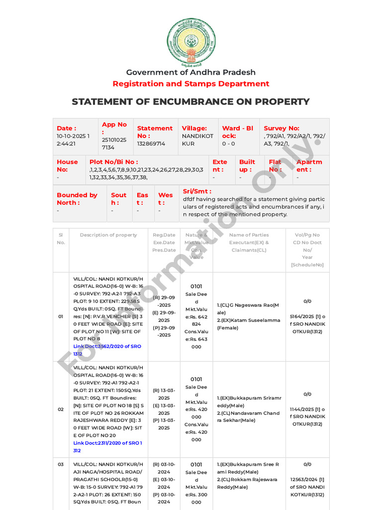 Andhra Pradesh Property Encumbrance Statement | PDF