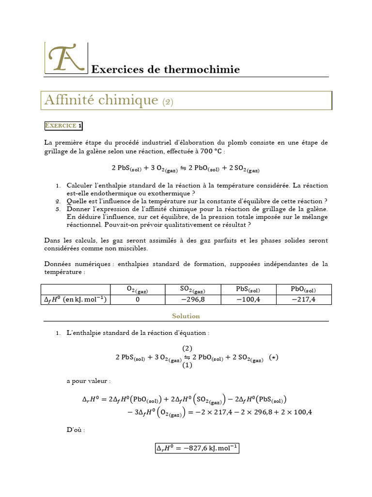 Exercices de thermochimie et équilibres | PDF | Équilibre chimique ...