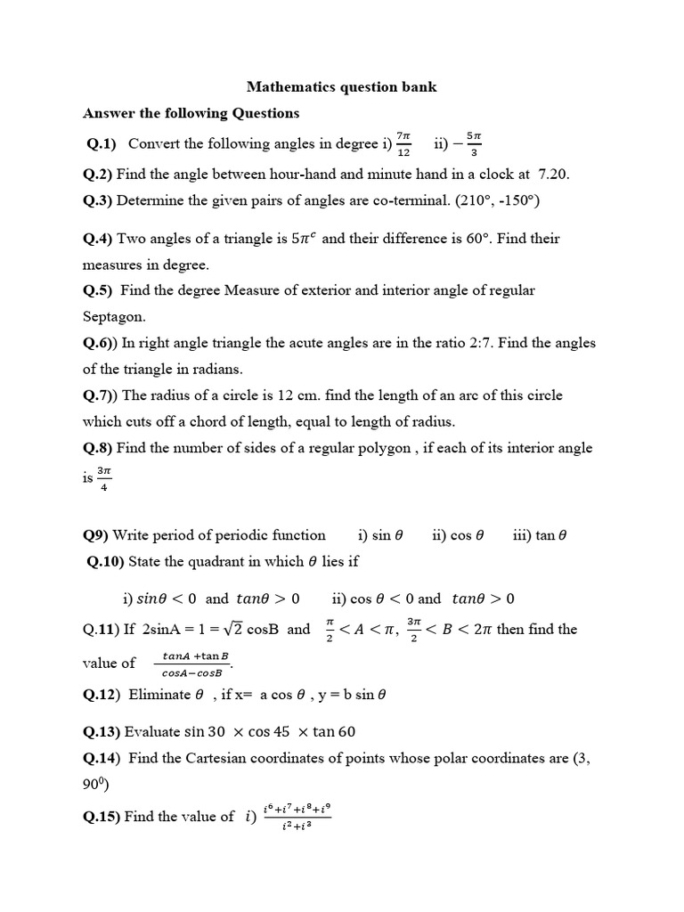 Mathematics Question Bank for Angles | PDF