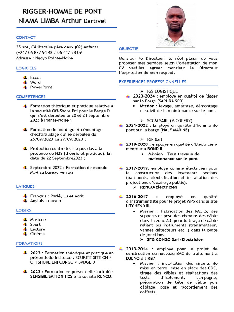 CV de Rigger et Électricien Off-Shore | PDF | Enseignement professionnel