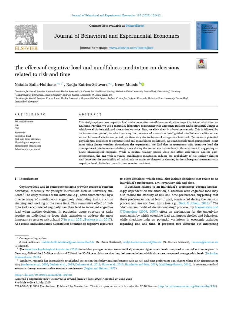 The Effects of Cognitive Load and Mindfulness Meditation On Decisions ...