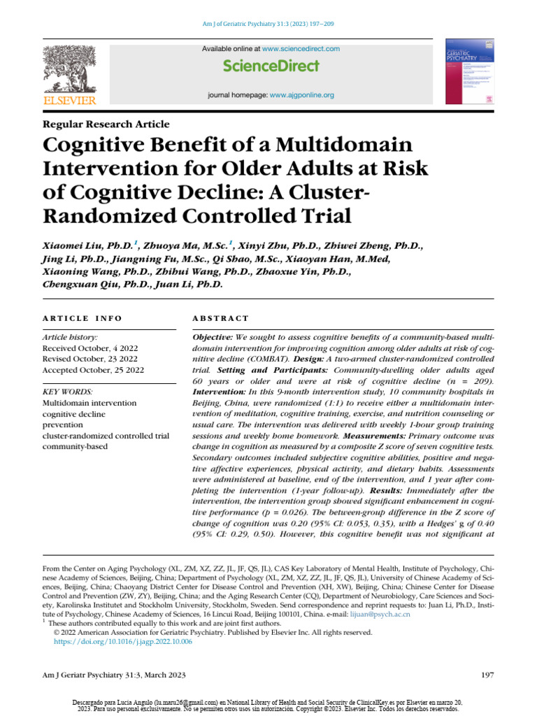 Cognitive Benefit of A Multidomain Intervention For Older Adults at ...