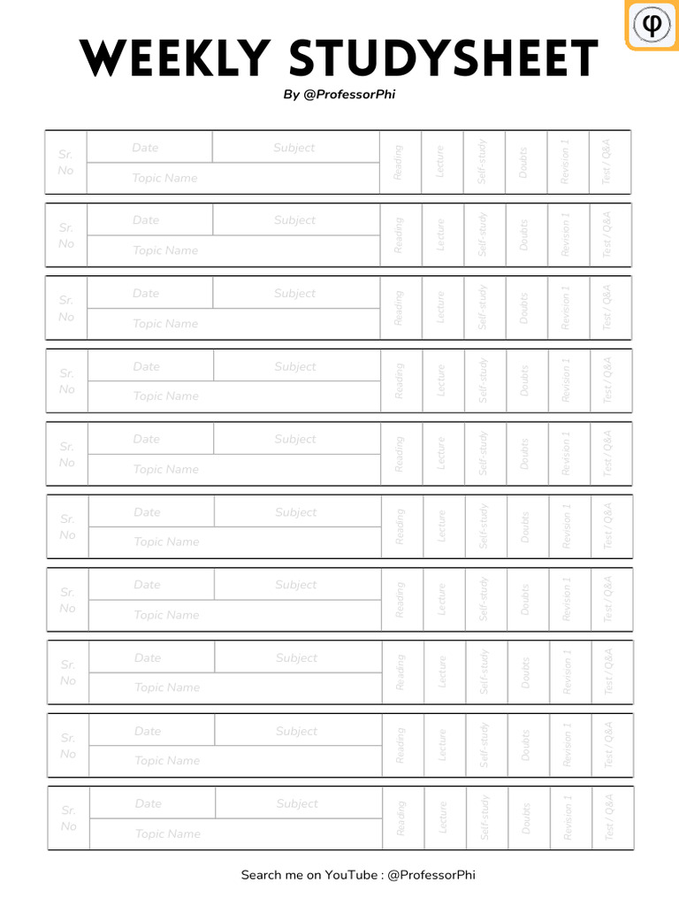 Weekly Studysheet by Professor Phi Yan0vzZDyRCZyGZ2 | PDF