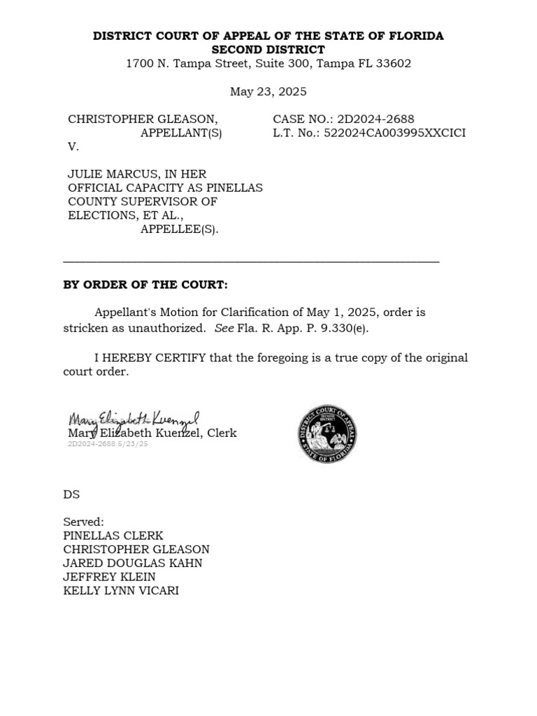 Florida Court Order on Appeal Case 2D2024-2688 | PDF
