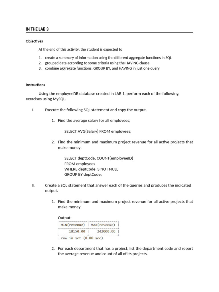 SQL Aggregate Functions and Queries Guide | PDF