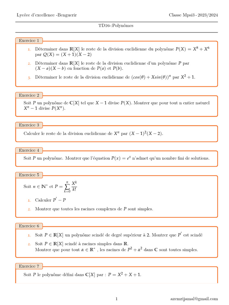 Exercices de Polynômes pour Mpsi3 2023/2024 | PDF | Zéro d'une fonction ...