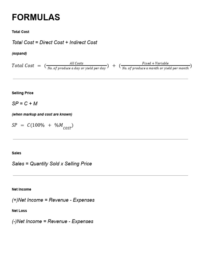 Cost and Revenue Formulas Explained | PDF