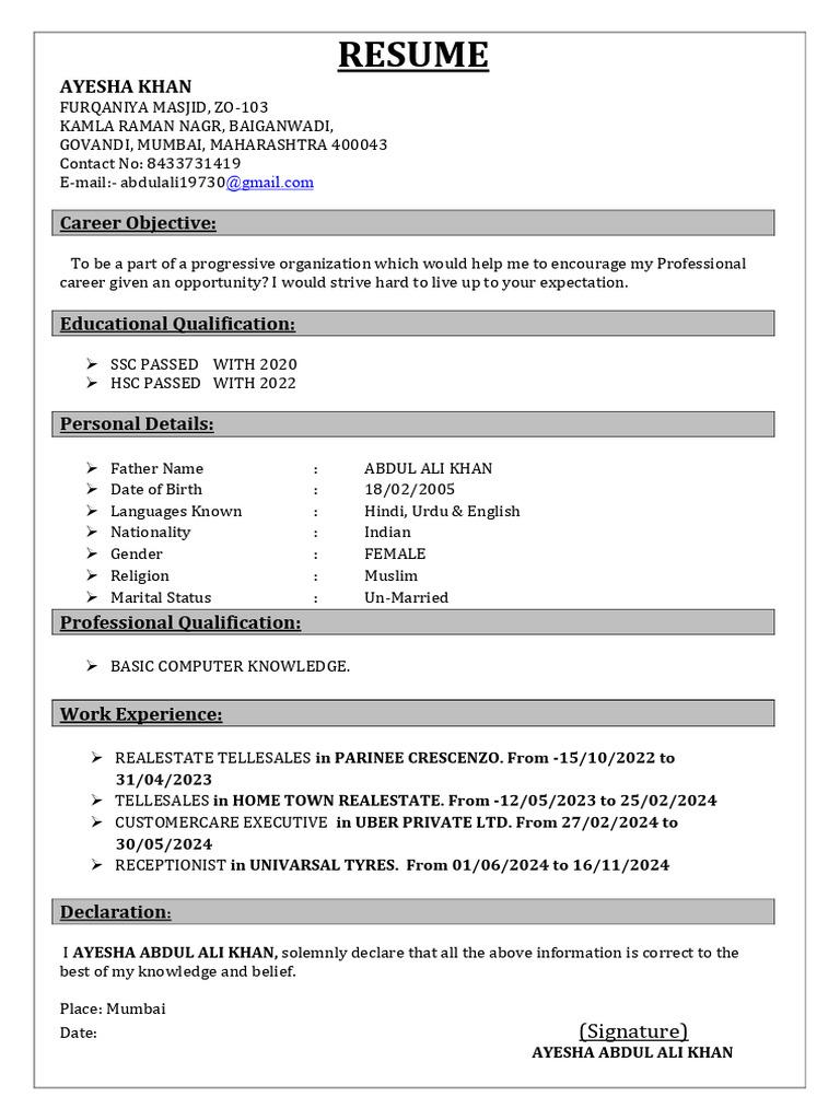 Ayesha Khan Resume Summary | PDF