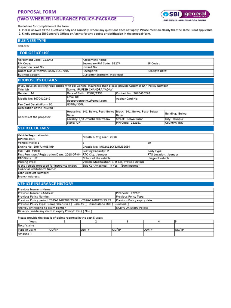 Two Wheeler Insurance Proposal Form | PDF | Insurance | Cheque