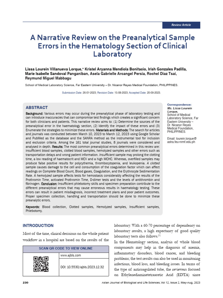 4.a Narrative Review On The Preanalytical Sample Errors in The ...