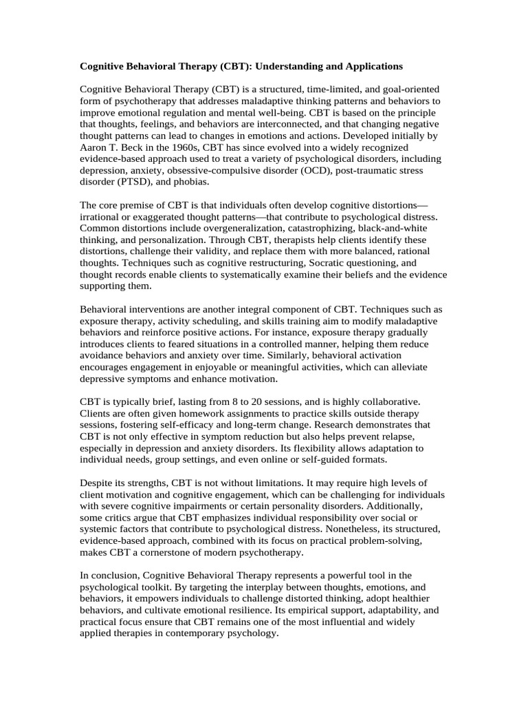 Cognitive Behavioral Therapy (CBT) | PDF | Cognitive Behavioral Therapy ...