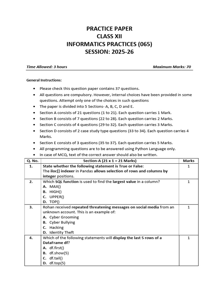 Class XII Informatics Practices Practice Paper | PDF | Database Index ...