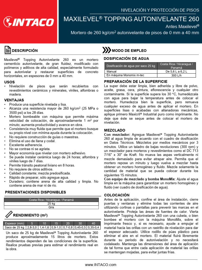 Mortero Autonivelante Maxilevel 260 | PDF | Agua | Mortero (Albañilería)