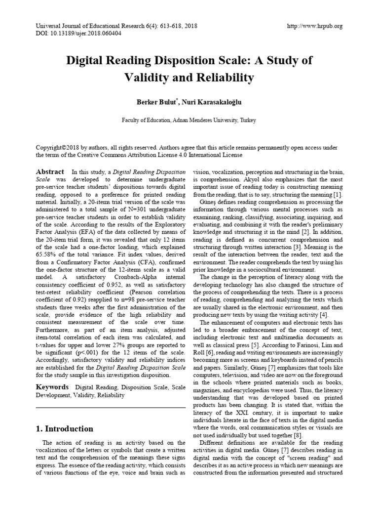 Digital Reading Disposition Scale A Study of - Validitya and ...