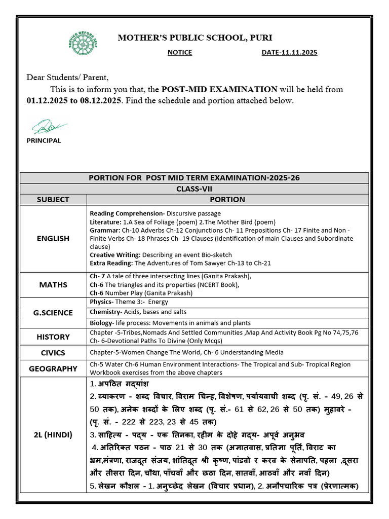 Std-Vii Portion & Date Sheet for Post Mid Term Exam | PDF