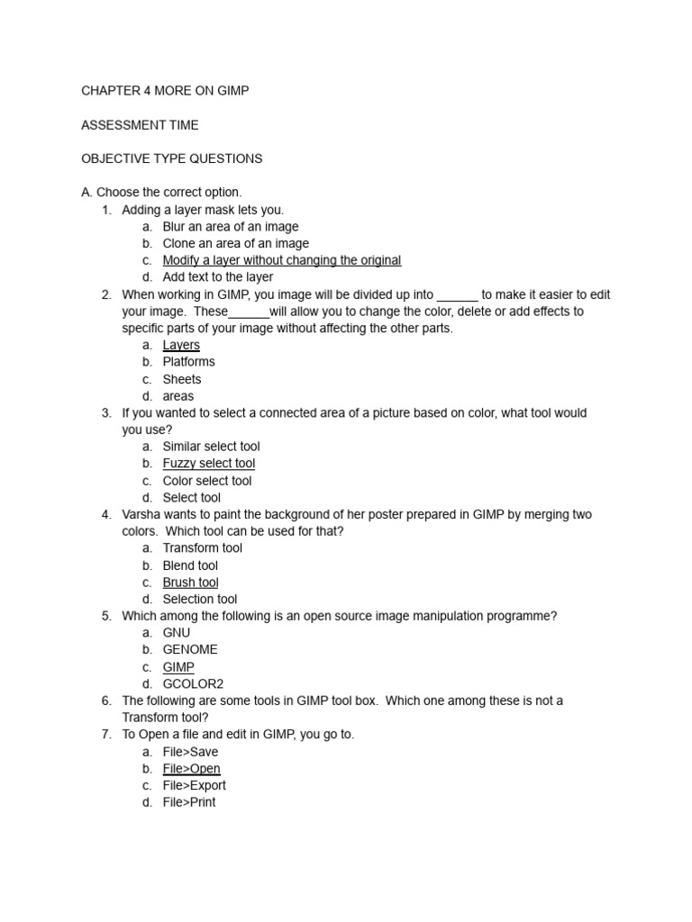 GIMP Layer and Tool Assessment Quiz | PDF | Image Editing | Computer ...
