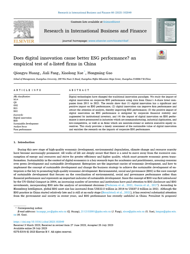 Digital Innovation and ESG Performance in China | PDF | Innovation ...