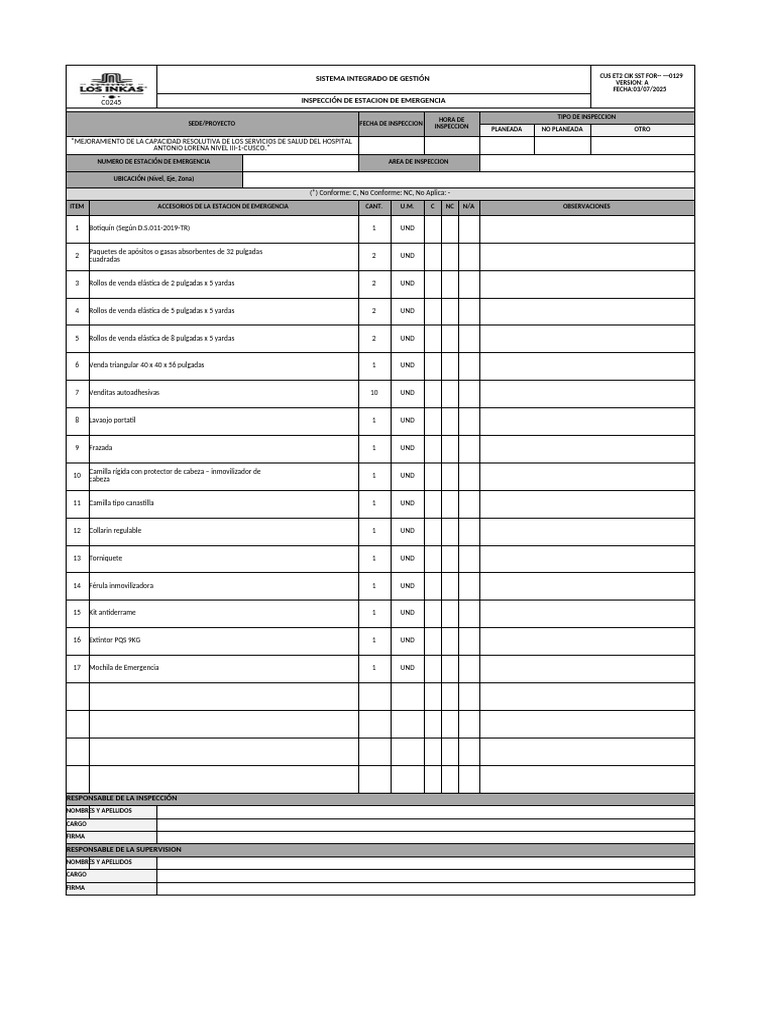 Cus Et2 Cik SST For - 0051 - Inpeccion de Estacion de Emergencia | PDF