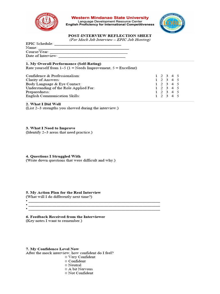 Post Interview Reflection Sheet | PDF