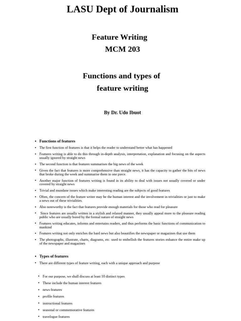 MCM 203 Functions and Types of Feature Writing | PDF | News | Holidays