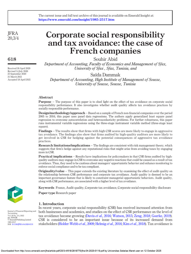 CSR and Tax Avoidance in French Firms | PDF | Corporate Social ...