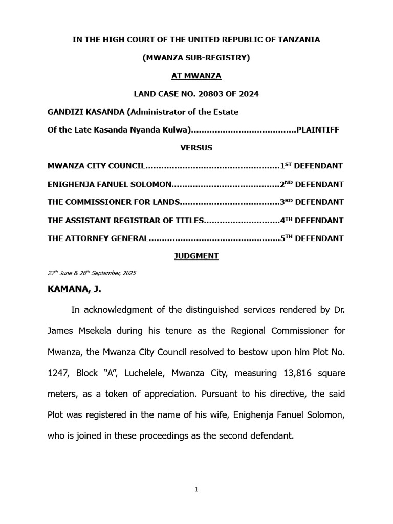 Gandizi Kasanda Vs Mwanza City Council and Others 2025 TZHC 6238 (26 ...
