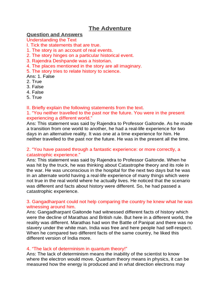 Adventure Question and Answers | PDF | Reality | Determinism