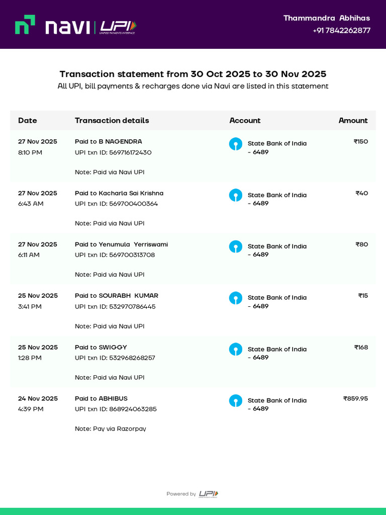 UPI Transaction Statement: Oct-Nov 2025 | PDF | Personal Finance ...