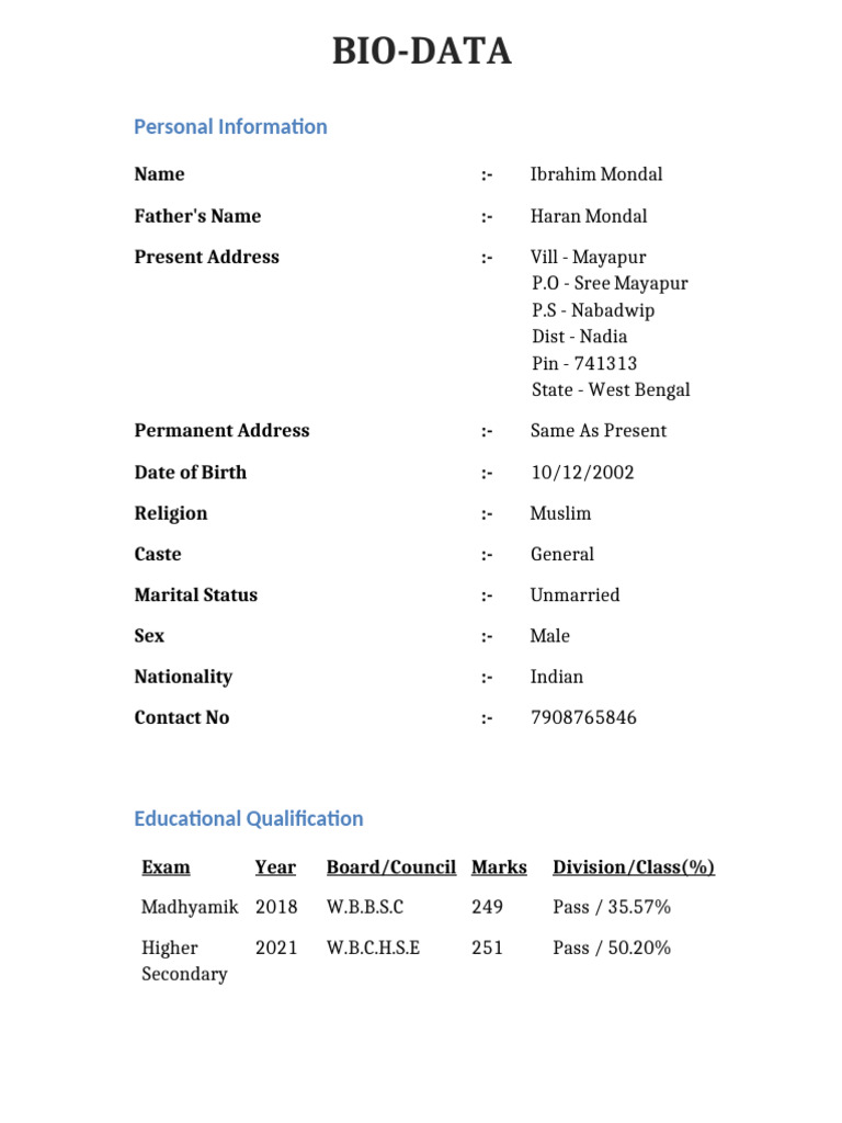Ibrahim Mondal's Bio-Data Summary | PDF