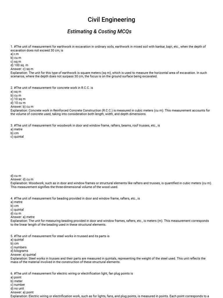 Civil Engineering Estimation MCQs Guide | PDF | Concrete | Litre