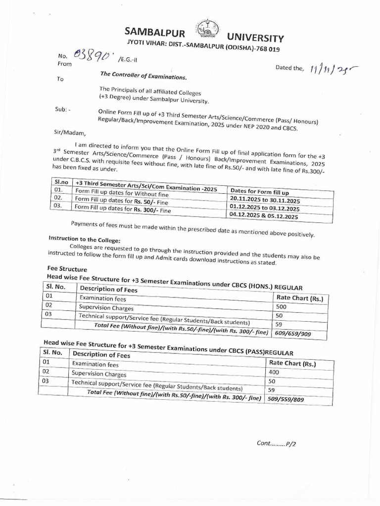 Sambalpur University 3rd Sem Form Form Fill Up Notice | PDF