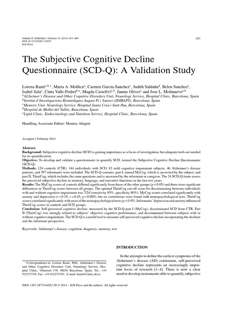 Rami Et Al 2014 The Subjective Cognitive Decline Questionnaire (SCD Q ...