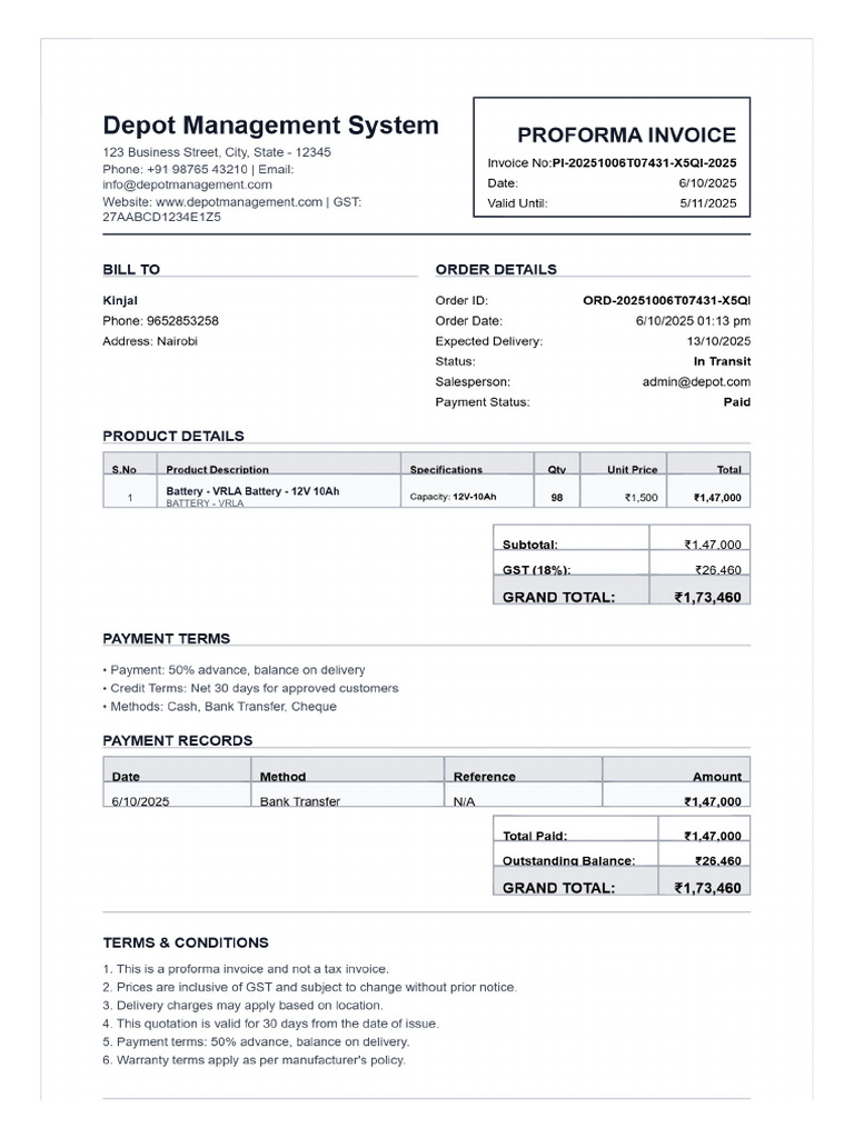 Proforma Invoice Order TTQTF2 20251006 | PDF