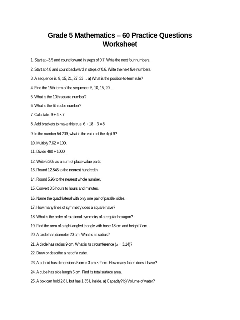 Grade 5 Math Practice Questions Worksheet | PDF | Area | Circle