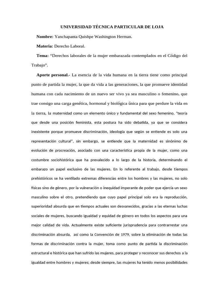“Derechos laborales de la mujer embarazada contemplados en el Código ...