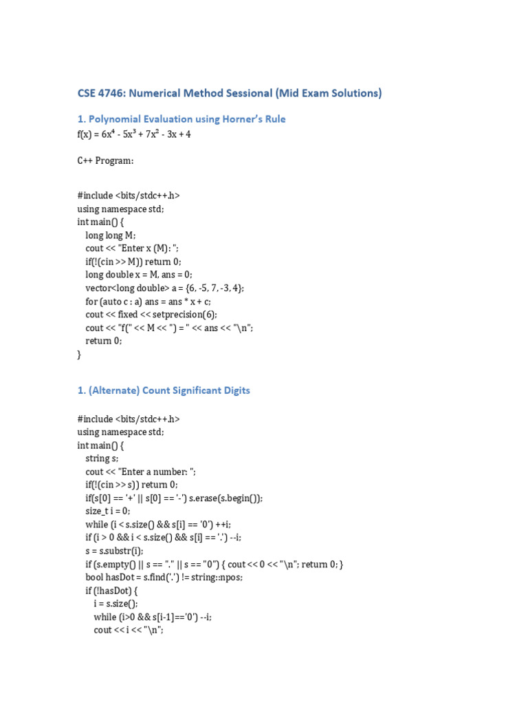 Numerical Methods Mid Exam Solutions | PDF | Computer Programming | C++