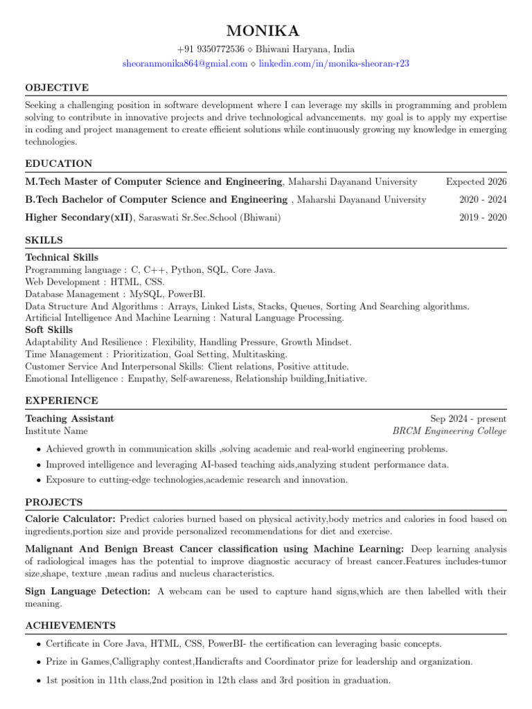 Software Developer Resume - Monika Sheoran | PDF | Machine Learning ...