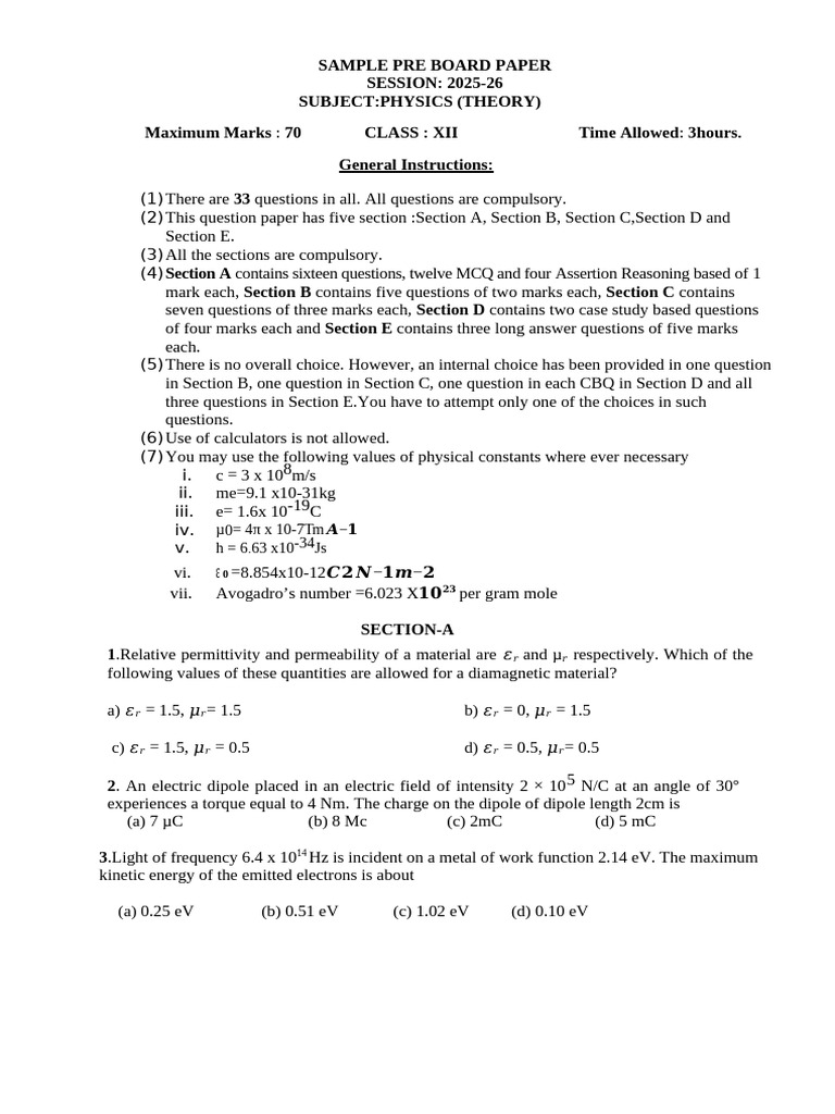 Sample Paper Pre Board | PDF | Energy Level | Electron
