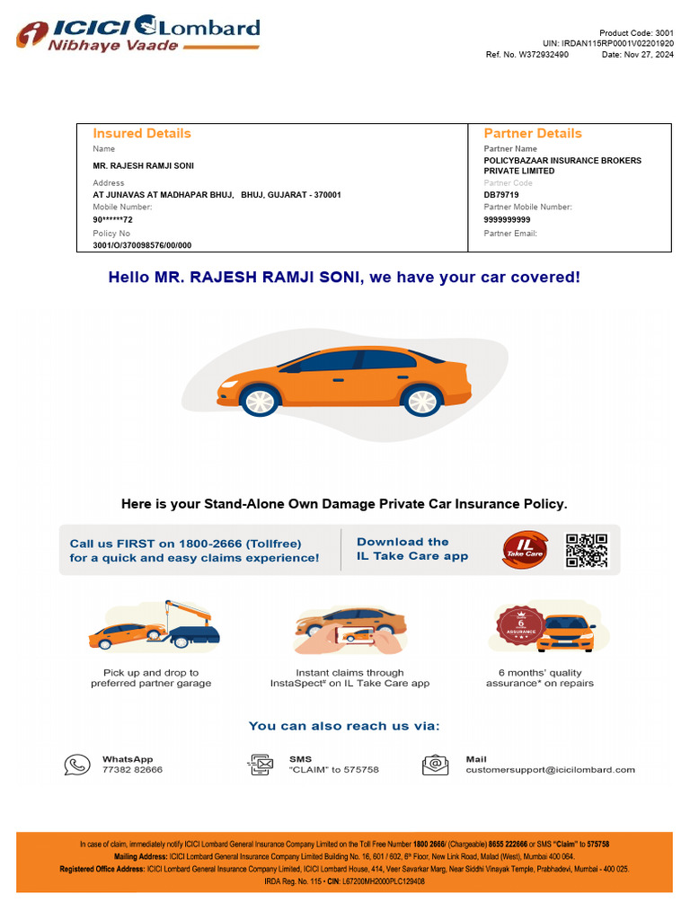 Car Insurance Policy Details for Rajesh Soni | PDF | Insurance | Pro Rata