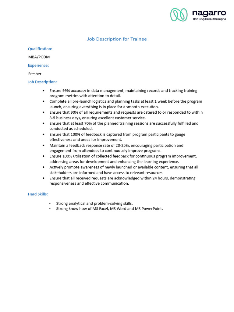 Trainee Job Description: MBA Freshers | PDF