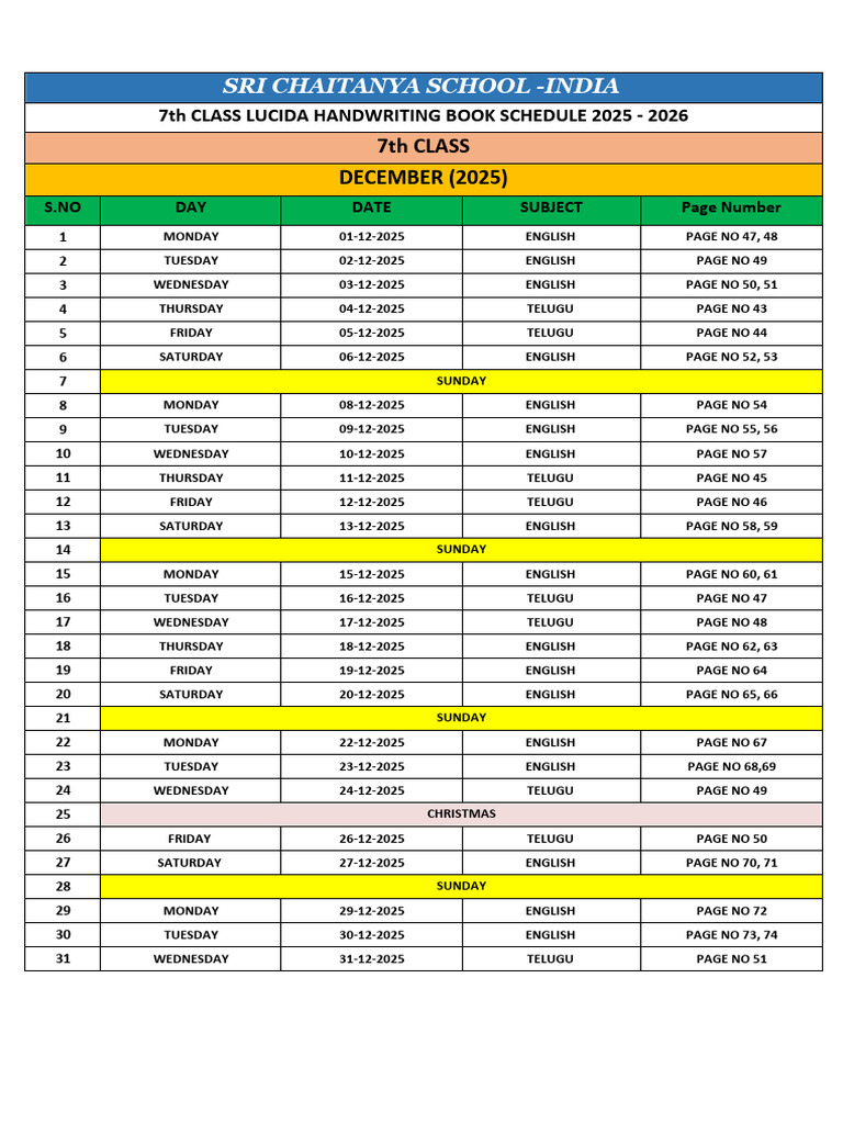7th Class Handwriting Schedule 2025-2026 | PDF