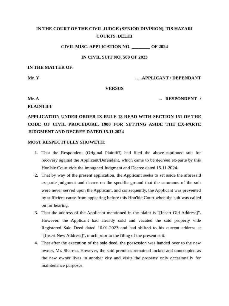 Application to Set Aside Ex-Parte Judgment | PDF | Lawsuit | Legal ...