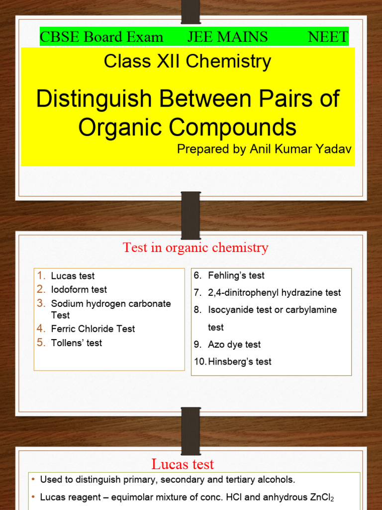 Organic Compound Tests Guide | PDF | Amine | Aldehyde